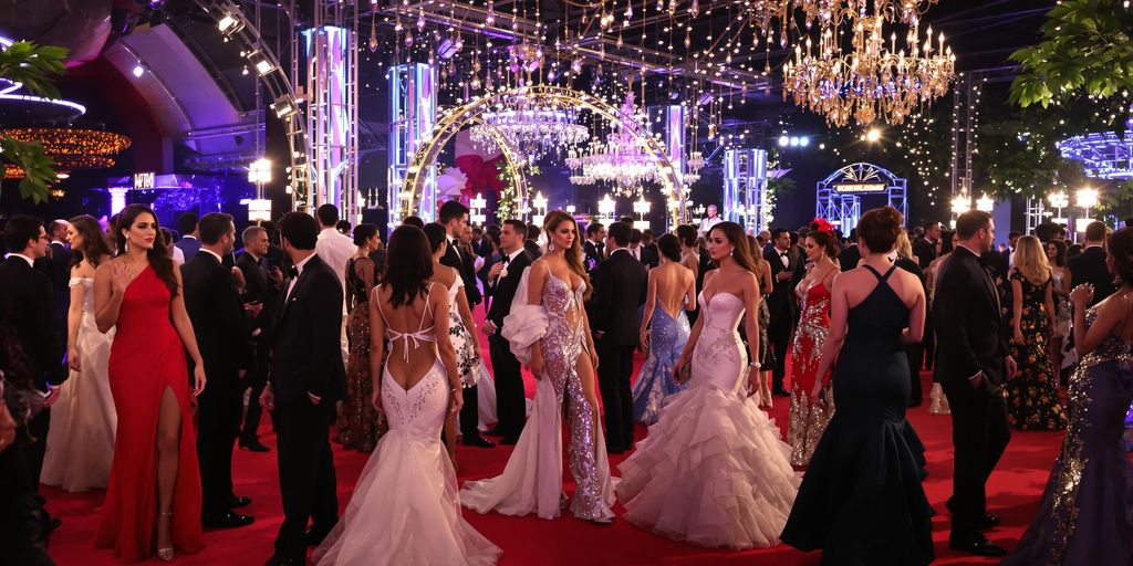 Celebrities in glamorous outfits at an exclusive event.