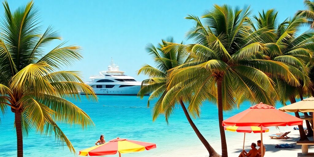 Tropical beach with palm trees and luxury yacht in view.